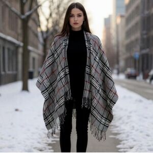V. Fraas Plaid Poncho Shawl Scarf